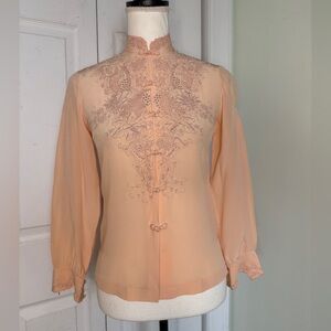 1950s Peony Silk Hand Embroidered Peach Pink Blouse